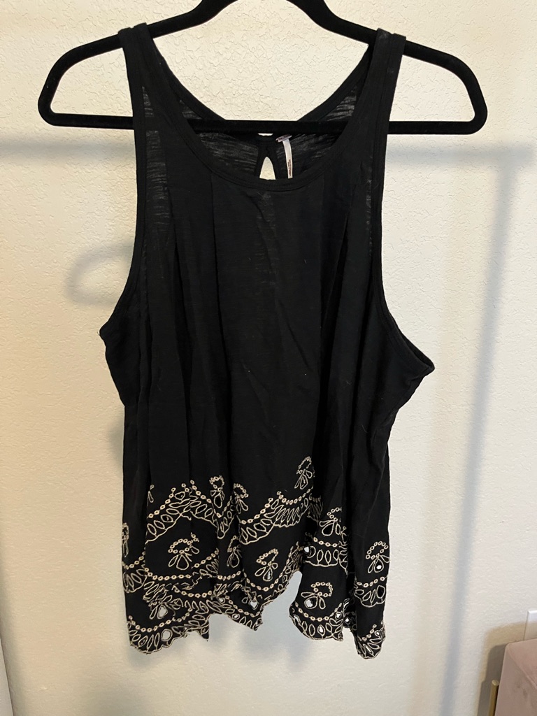Free People Black Tank Top With White Embroidered Hem